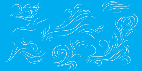 Doodle wind line sketch set. Hand drawn doodle wind air blow, swirl elements.

