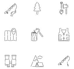 Set of camping vector icons in black lines on a white background