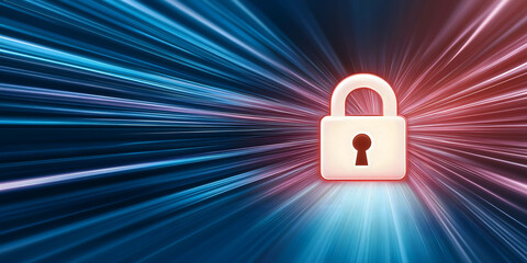 Glowing white padlock surrounded by dynamic blue and red light trails symbolizing cybersecurity, encryption, data protection, and technological security in a futuristic virtual environment