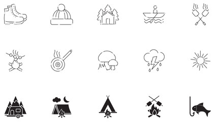 Set of camping vector icons in black lines on a white background