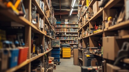 Obraz premium Tools and Equipment Aisle in a Busy Industrial Warehouse Storage