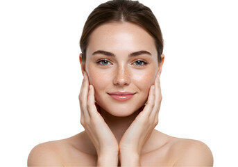Fototapeta premium beautiful woman touching her skin png, girl touching skin showing skin care on transparent background