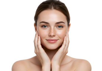 beautiful woman touching her skin png, girl touching skin showing skin care on transparent background