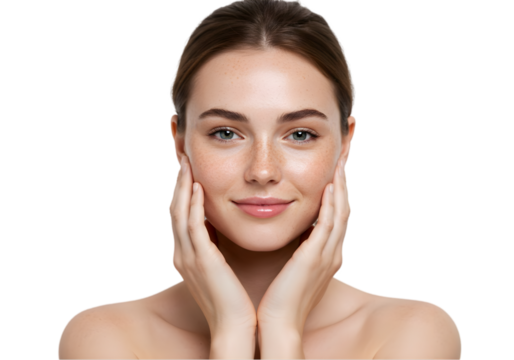 beautiful woman touching her skin png, girl touching skin showing skin care on transparent background