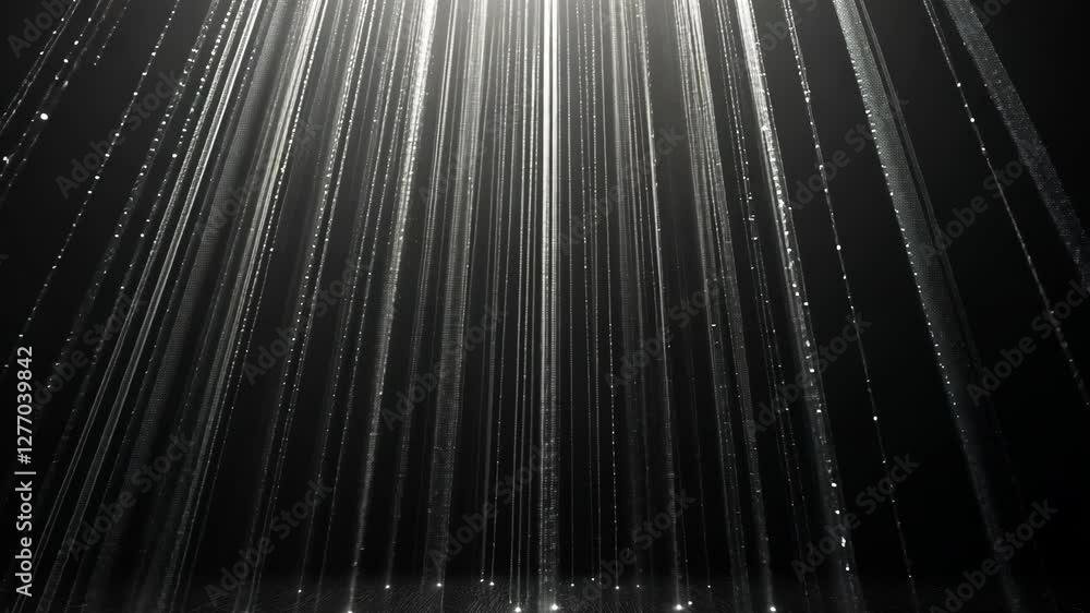 Poster light beams create a stunning water effect in a dark indoor setting with sparkling droplets cascadin