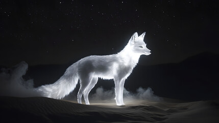 A beautiful white fox in the desert under a starry sky, its fur glowing with light and a wispy
