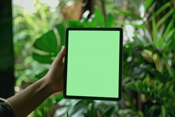 woman holding tablet green screen in garden