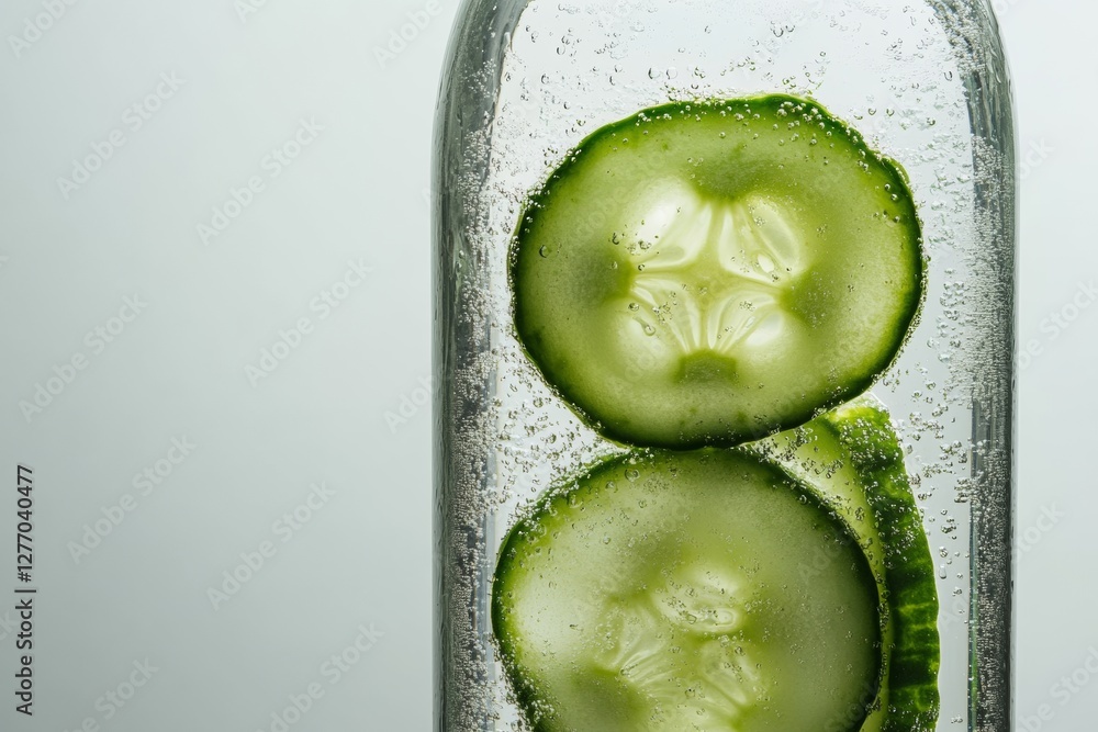 Poster a transparent water bottle holds cool cucumber slices, surrounded by condensation, creating a fresh 