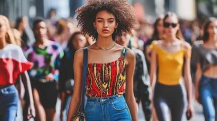 Fototapeta premium A stylish young woman walks confidently among a diverse crowd, showcasing vibrant fashion and urban aesthetic.