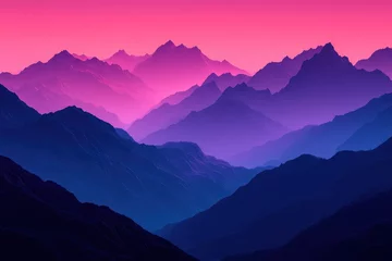 Gordijnen Vibrant mountain landscape at sunset with rich hues of purple and pink in the sky over distant peaks © Jana
