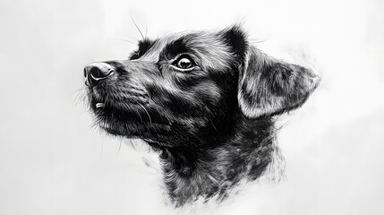 Charcoal drawing of a dog's head, looking up with glossy eyes and fur textures. Elegant canine portrait.