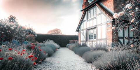 Idyllic English Cottage with a Flower Garden and Gravel Pathway, Romantic Countryside Scene in Soft Pastel Tones