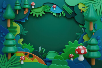Colorful frame for kids with 3d forest objects, trees and mushrooms, and blank space in the middle to place text. Forest poster for kids template.