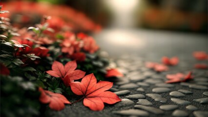 Autumn Leaves Scattered on a Zen Garden Pebble Pathway, Serene and Tranquil Seasonal Nature Scene in Soft Light