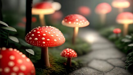 Fantasy Forest Pathway with Glowing Red Toadstool Mushrooms, Enchanted Fairytale Scene in Soft Misty Light