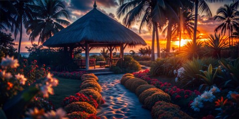 Tropical Garden Pathway Leading to a Thatched Beach Hut at Sunset, Exotic Paradise Retreat with Palm Trees and Vibrant Flowers