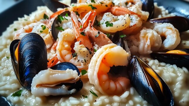 Traditional Italian risotto alla pescatora seafood like mussel shrimp calamari