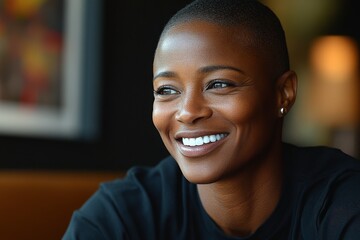 Obraz premium Bright smile of a confident woman in a cozy café during a sunny afternoon