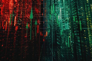 financial chart with green arrow pointing up and red line trending down in stock market background, showing dynamic investment market behavior