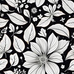 A collection of seamless black and white botanical line art patterns featuring elegant floral and leaf designs. Perfect for wallpaper, textile design, packaging, stationery, and digital backgrounds.
