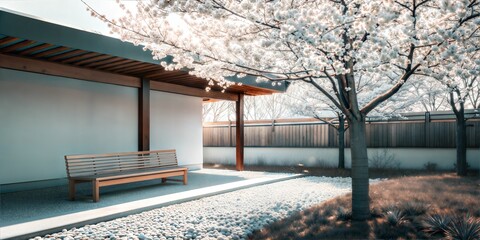Minimalist Zen Garden with Wooden Bench Under Blooming Cherry Blossom Tree, Tranquil Japanese-Inspired Outdoor Space in Soft Spring Light