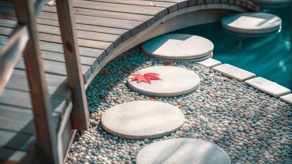 Serene Garden Pathway with Round Stepping Stones Over Pebbles Leading to a Pool, Tranquil Outdoor Retreat in Soft Natural Light