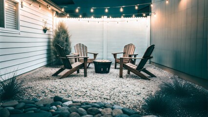 Cozy Backyard Fire Pit Area with Wooden Adirondack Chairs and String Lights, Nighttime Outdoor Relaxation Spot