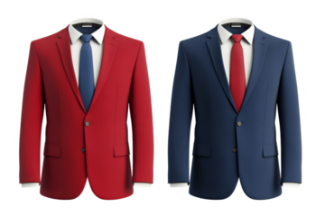 Stylish suits in red and blue colors on display