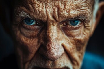 Elderly man with deep wrinkles and piercing blue eyes gazes intensely, conveying wisdom and experience
