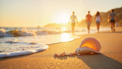 Sunset Beach Scene with Shells and People