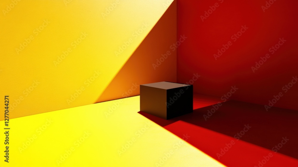 Poster a minimalistic black cube positioned in a vibrant yellow and red corner, creating dynamic shadows