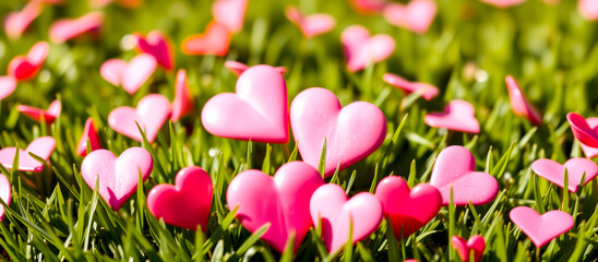 numerous pink hearts scattered on a lush green lawn conveying joy and romance