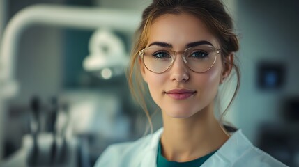 Fototapeta premium Young professional wearing glasses in a medical setting, embodying care and competence.