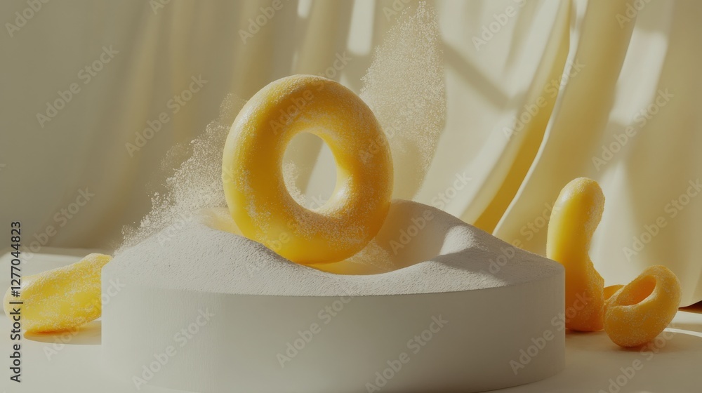 Poster a creative arrangement of yellow donut-shaped objects on a textured surface with soft lighting