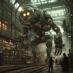 Giant mechanical steampunk robot inside an industrial factory, looming over workers in a smoky, atmospheric setting, evoking a mix of retro-futurism and Victorian-era technology.

