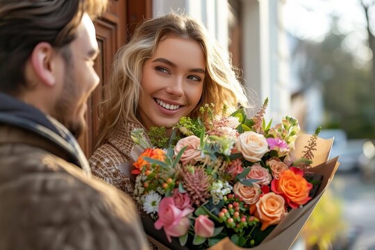 Young woman at home receiving bouquet of flowers from delivery man and smiling