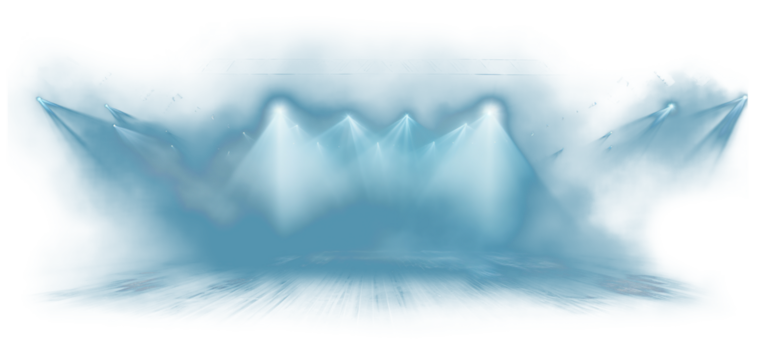 White blue stage light spotlight transparent PNG isolated background. Event lights, lighting in smoke