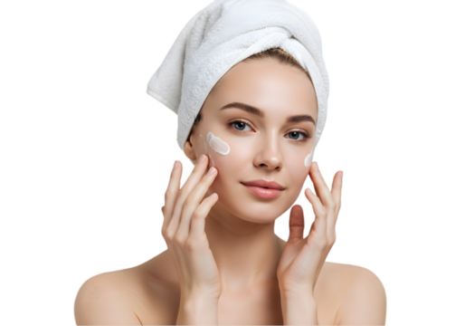 Beautiful girl applying beauty cream to her skin and isolated on transparent png background