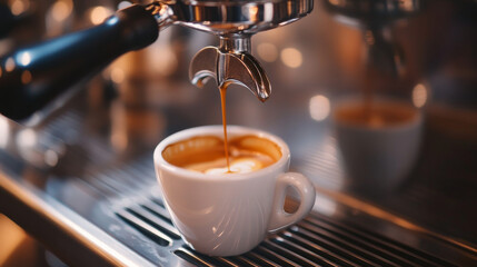 A close-up shot of rich Americano coffee flowing from a coffee machine into a waiting cup, showcasing professional coffee brewing