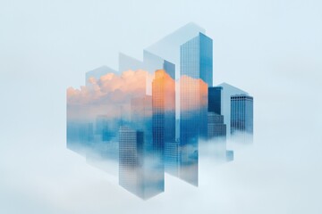 Obraz premium Urban skyline transformation cityscape digital art overcast aerial view futuristic concept