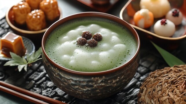 Traditional matcha tea set a bowl of frothy green matcha and a side of wagashi sweets
