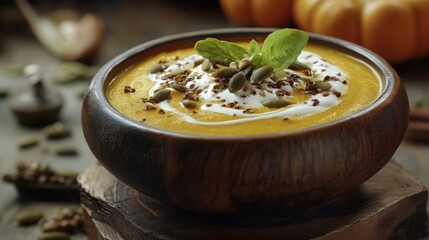 Creamy Pumpkin Soup with Spices and Fresh Basil in Wooden Bowl