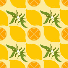 Lemon and orange seamless pattern. Lemon blossoming branches with flowers and leaves. Lemon fruits, oranges halves. Beige background with sliced citrus. For patterns, prints, and product design. 