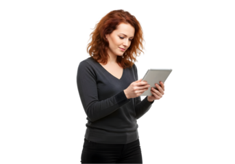 A woman looking and holding a tablet isolated on transparent background, a girl using tablet png