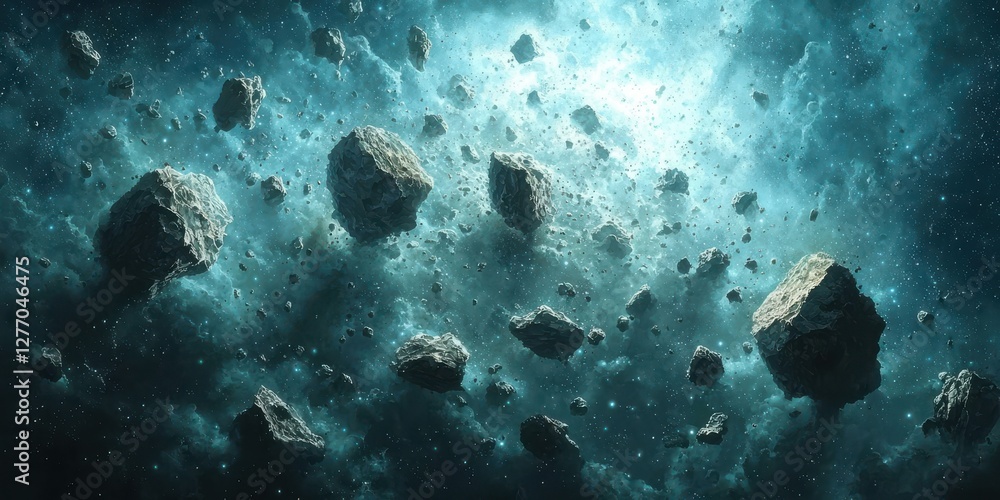 Poster asteroid field collision event outer space digital artwork cosmic environment dramatic viewpoint sci