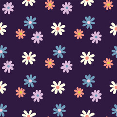 Beautiful small colorful flowers isolated on dark purple background. Cute floral seamless pattern. Vector simple flat graphic hand drawn illustration. Texture.