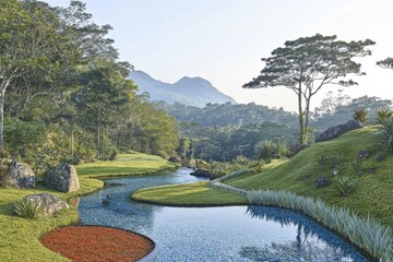 Tranquil stream flowing through lush forest scenic landscape nature serene environment wide angle harmony