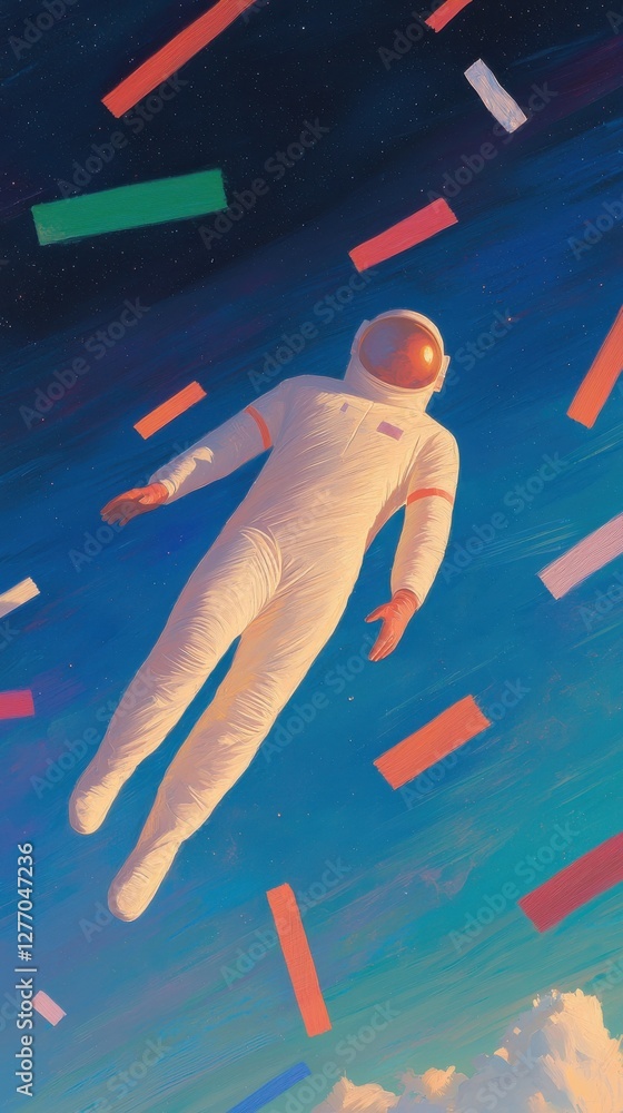 Poster astronaut floating in colorful space scene outer space digital art cosmic environment wide angle vie