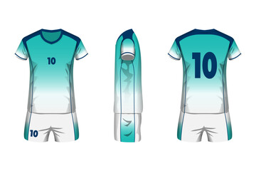 Volleyball jersey mockup in gradation light blue and white colors with front, side and back view.