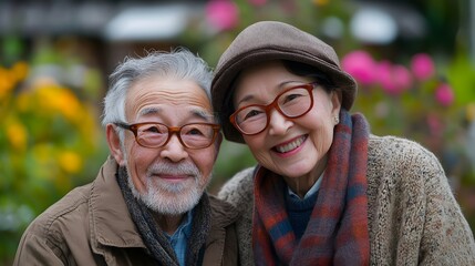 Fototapeta premium Happy senior couple smiling outdoors, their faces filled with warmth and joy, capturing a special moment.